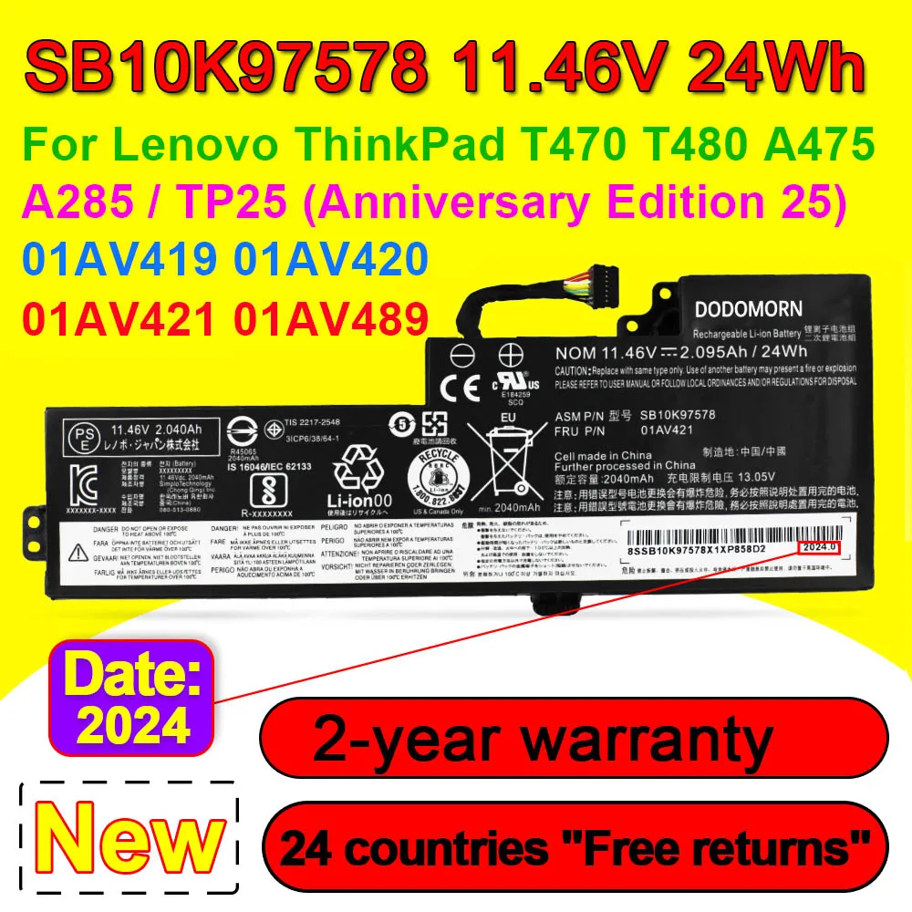 

For Lenovo ThinkPad T470 T480 A475 A285 Series 01AV419 01AV420 01AV421 01AV489 SB10K97576 SB10K97578 Laptop Battery 11.46V 24Wh