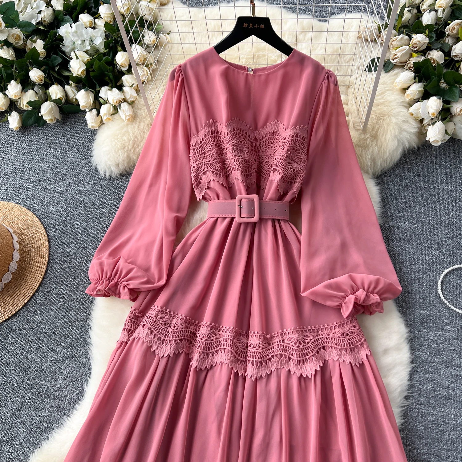 French Vintage O Neck Hollow Out Lace Patchwork Long Lantern Sleeves Korean Fashion Dresses Women's Autumn Waist Sweet Clothing