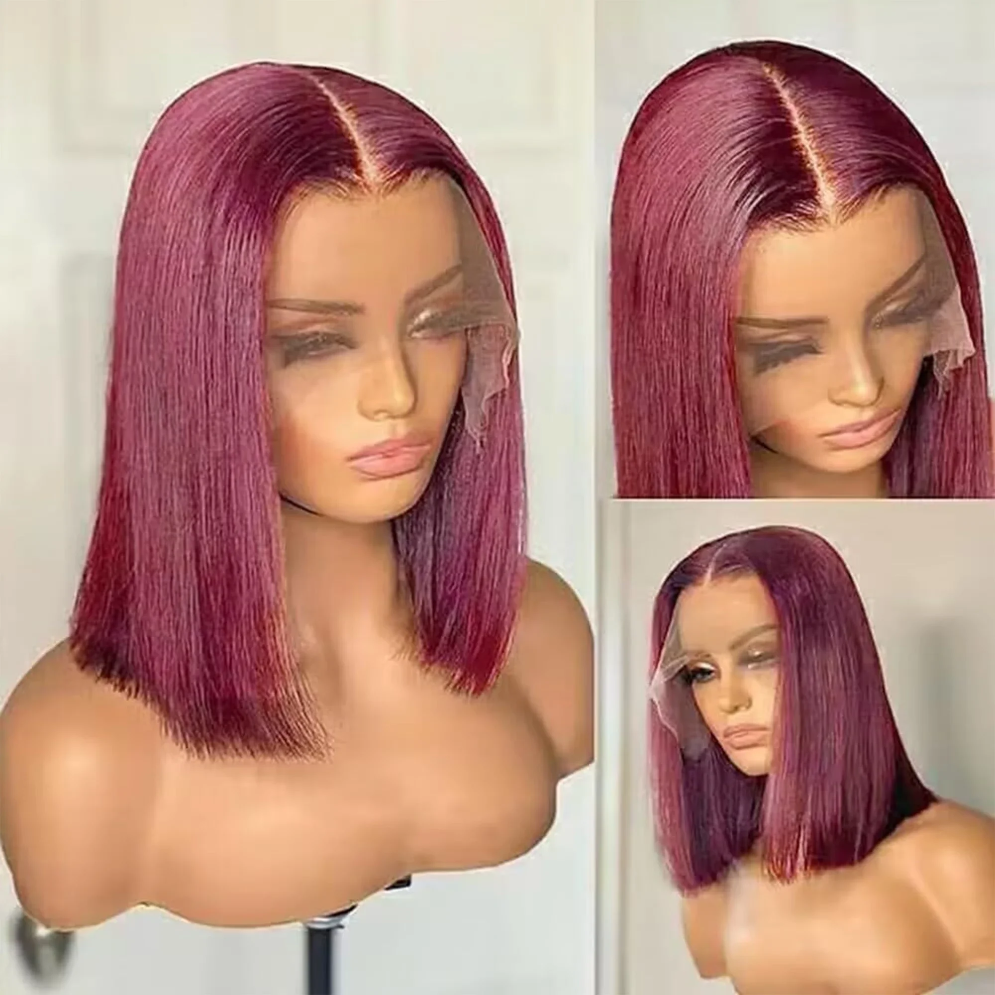 250% Dichte Knochenglatte 13x4 HD Lace Frontal Perücken 99J Burgunderrote Bob Echthaar-Perücke 7x5 Klebefreie Perücken für Frauen Vorgeschnitten – Detail 7