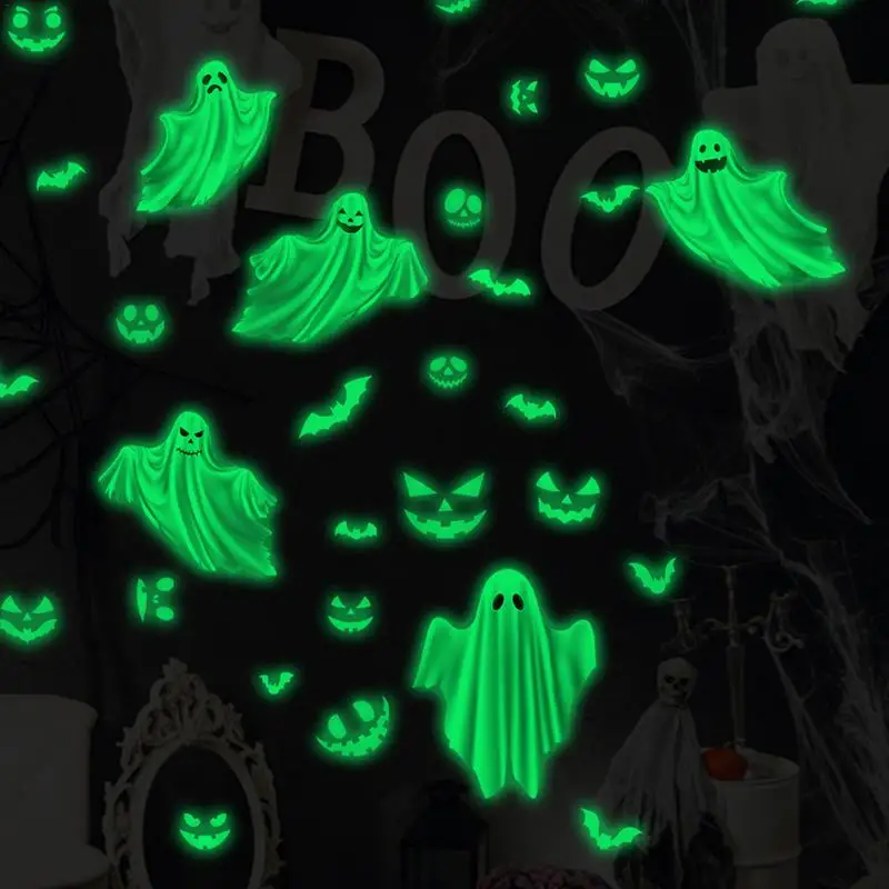 Glow In The Dark Halloween Decals Bat Ghost Window Clings Night Glow DIY Wall Decal Removable For Home Halloween Wall Decoration