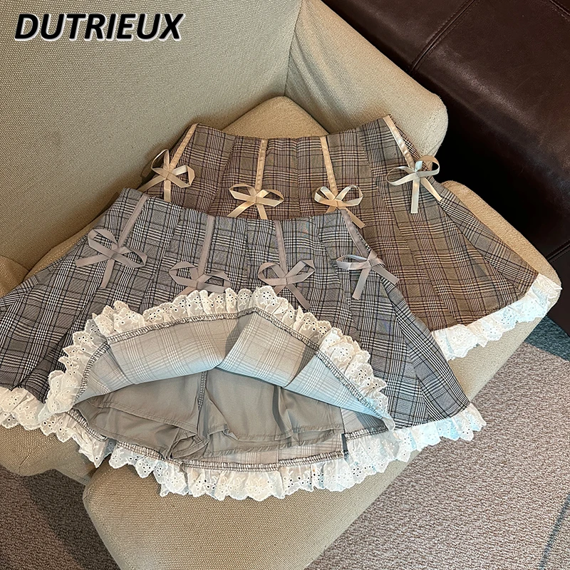 

Preppy Style Sweet Cool Plaid Bow Mini Skirt Women's Spring and Summer High Waist Pleated A- Line Splicing Lace Short Skirts
