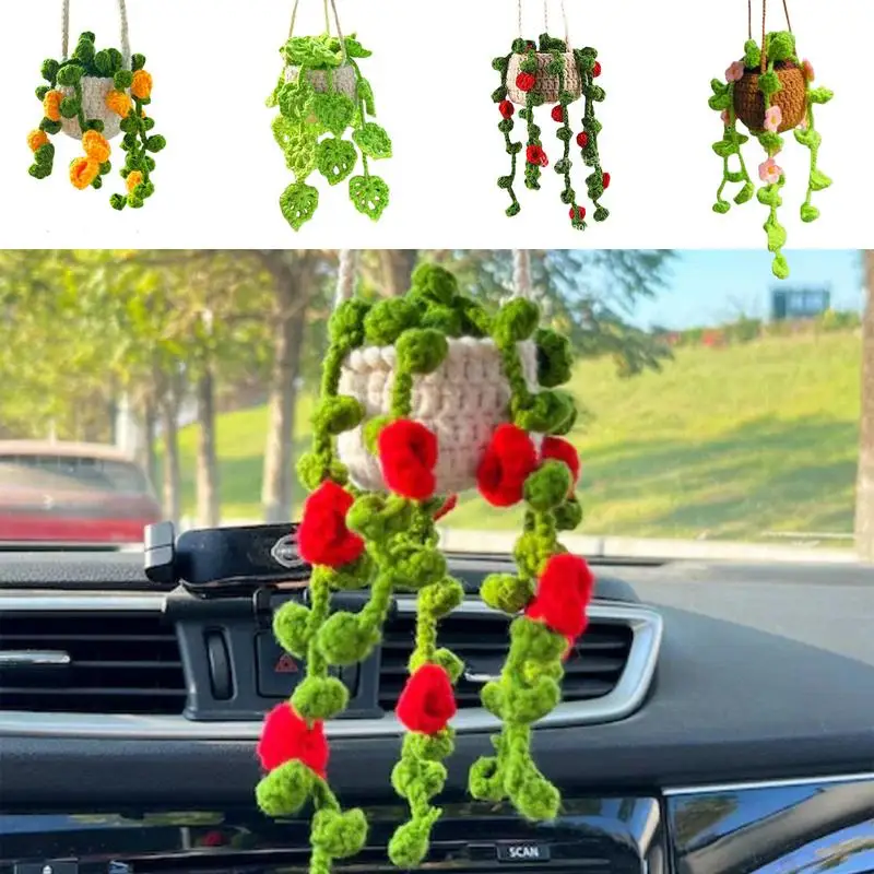 

car Dashboard Ornaments cute Crochet Car Accessories Plant cute Car Accessories Rear View Mirror Car Decorations For Women