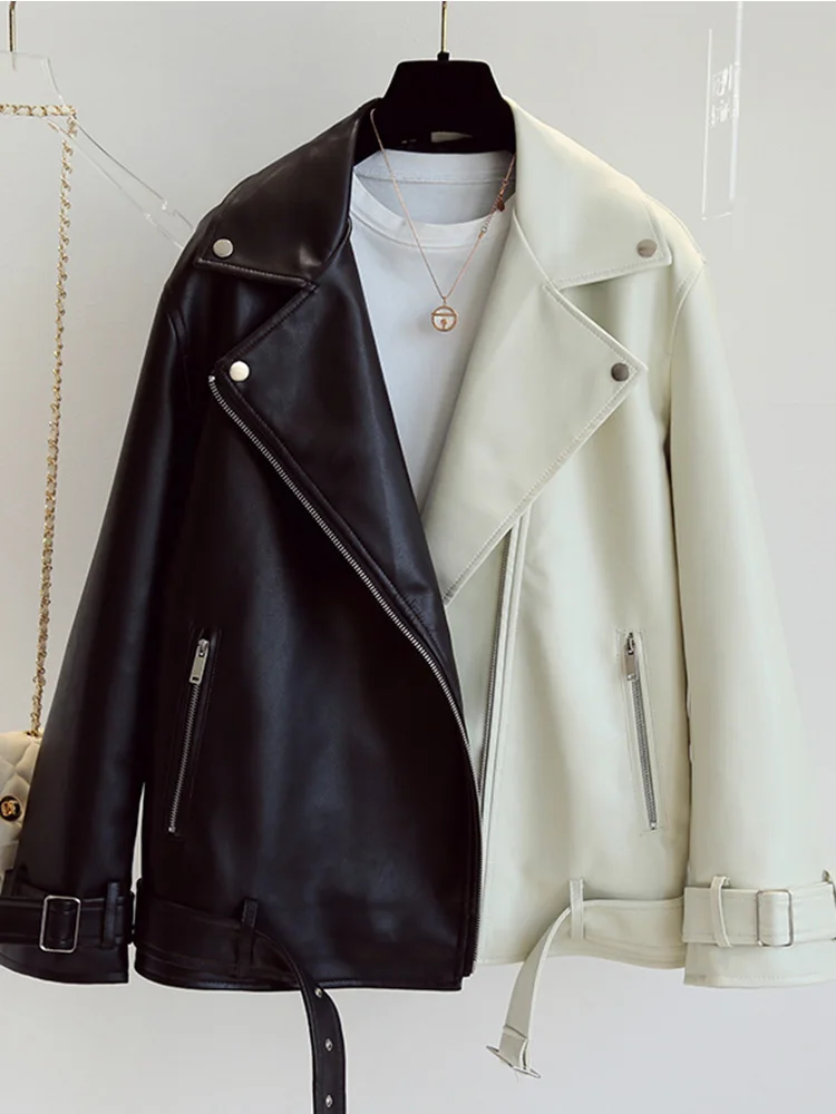 

FMFSSOM 2022 Spring Autumn Women Black White Splicing Faux Leather Jacket Punk Style PU Coat Female with Belt Loose Outwear