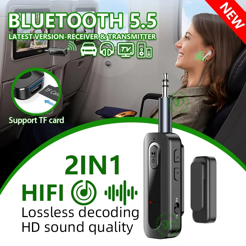 Bluetooth Audio Receiver 5.5 Receiver Transmitter 3.5mm AUX/TF Card Stereo with Mic for PC TV Car Aircraft
