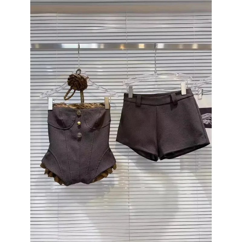 Strapless summer bodyfitting bra Sexy top high-waisted shorts set 2024 summer new fashion two-piece women's clothing