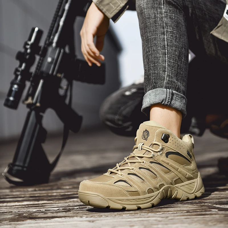 Men Military Boots Men Outdoor Cow Suede Ankle Boots Tactical Combat Boots Work Safty Shoe for Men Casual Waterproof Hiking Shoe