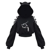 Y2k Gothic Womens Hoodie Cat Ear Crop Top Hooded Sweatshirt Hollow Out Lace Up Long Sleeve Hodded Casual Pullover Autumn - Image 2