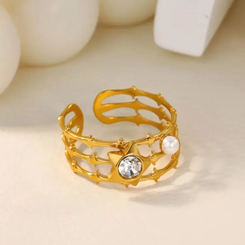 Zircon Geometric Star Pearl Rings for Women 18K Gold Plated Stainless Steel Ring