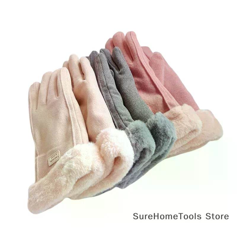 Autumn Winter Warm Suede Gloves Plus Velvet Thickened Plush Decor Cuff Gloves Outdoor Coldproof Touchscreen Riding Ski Gloves