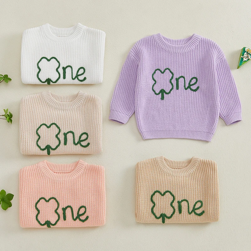 Infant Baby Boy Girl 1st Birthday Sweaters Fall Winter Clover Letter Embroidery Long Sleeve Crew Neck Pullovers Irish Clothes