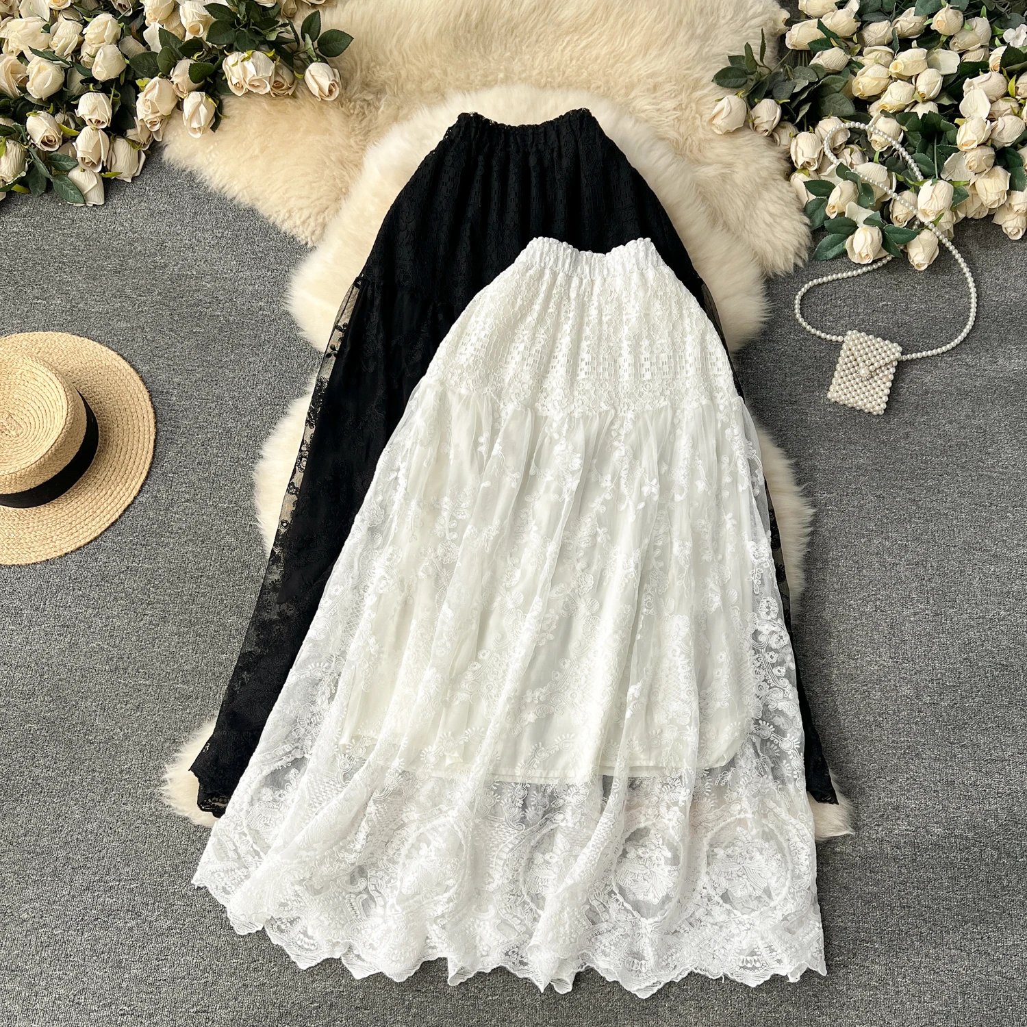 

Clothland Women Elegant White Black Lace Skirt With Lining Elastic Waist A Line Female Retro Sweet Midi Skirts Mujer BA291