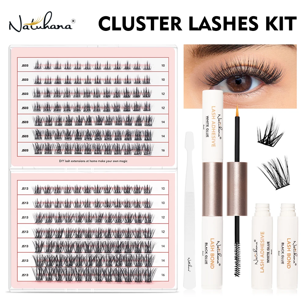 NATUHANA Cluster-Wimpern, DIY-Wimpernverlängerung, Mix-Stile, individuelle Wimperncluster mit Bindung und Pinzette für Selbstanwendungen