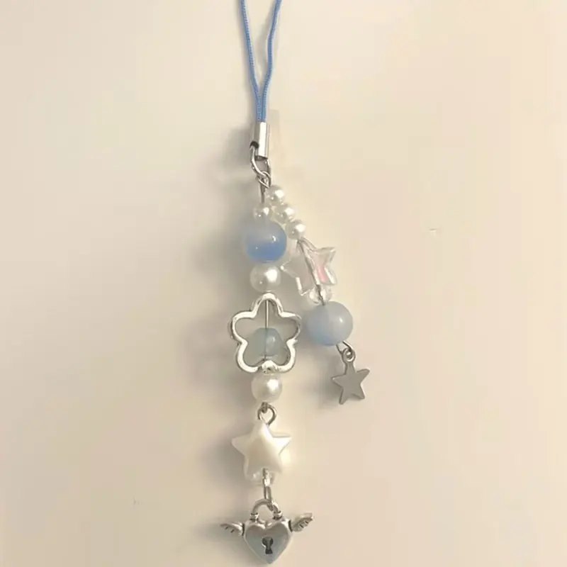 파란색과 분홍색 휴대폰 참 튤립 천사 열쇠고리