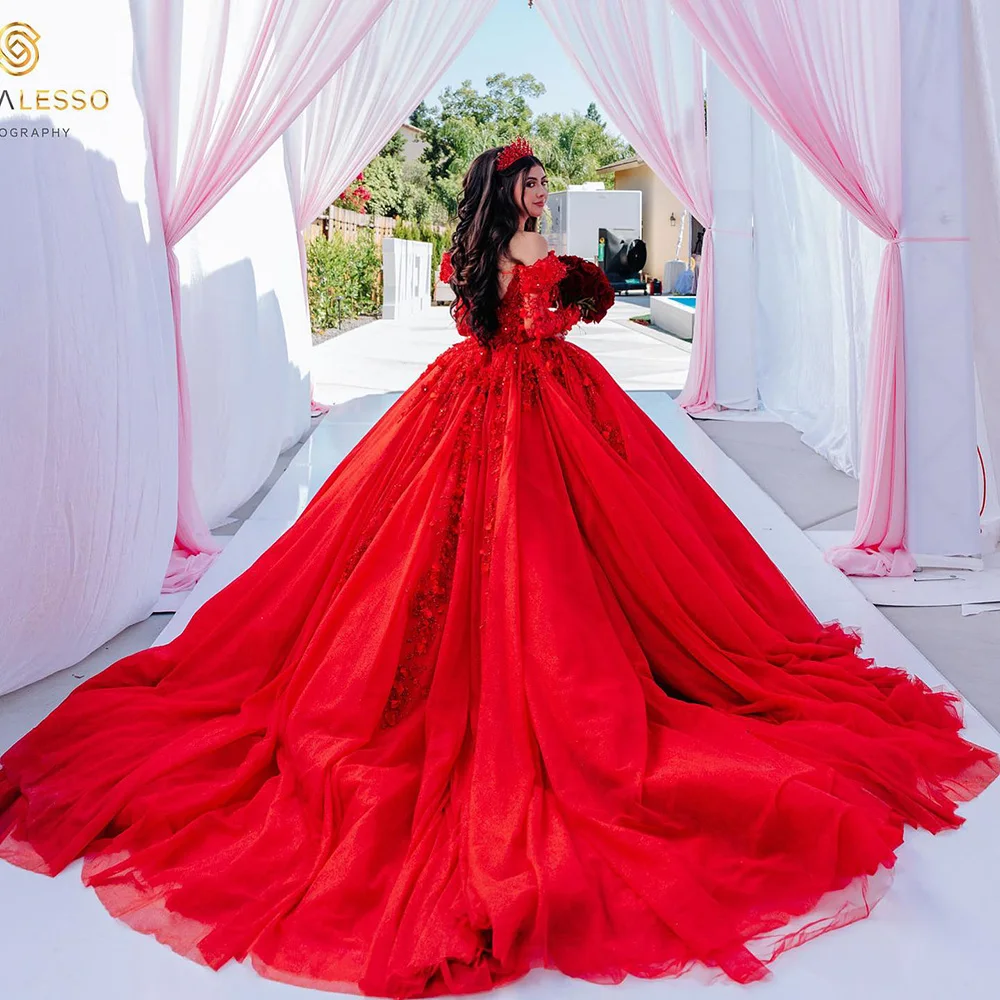 

Red 3D Flowers Appliques Lace Ball Gown Quinceanera Dresses Off The Shoulder Long Sleeve Corset Sweet 16 Vestidos De XV Años