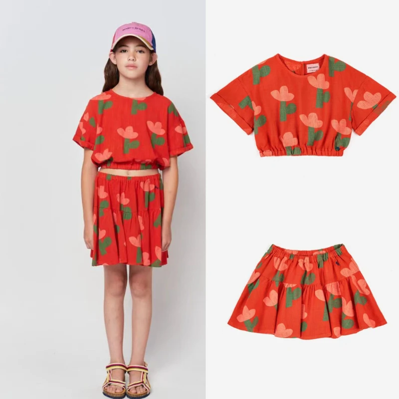 

Girls' Suit 2023 Spring New BC Series Summer Girls' Short-sleeved Floral Top Suit Pure Cotton Casual Printed Skirt Two-piece Set