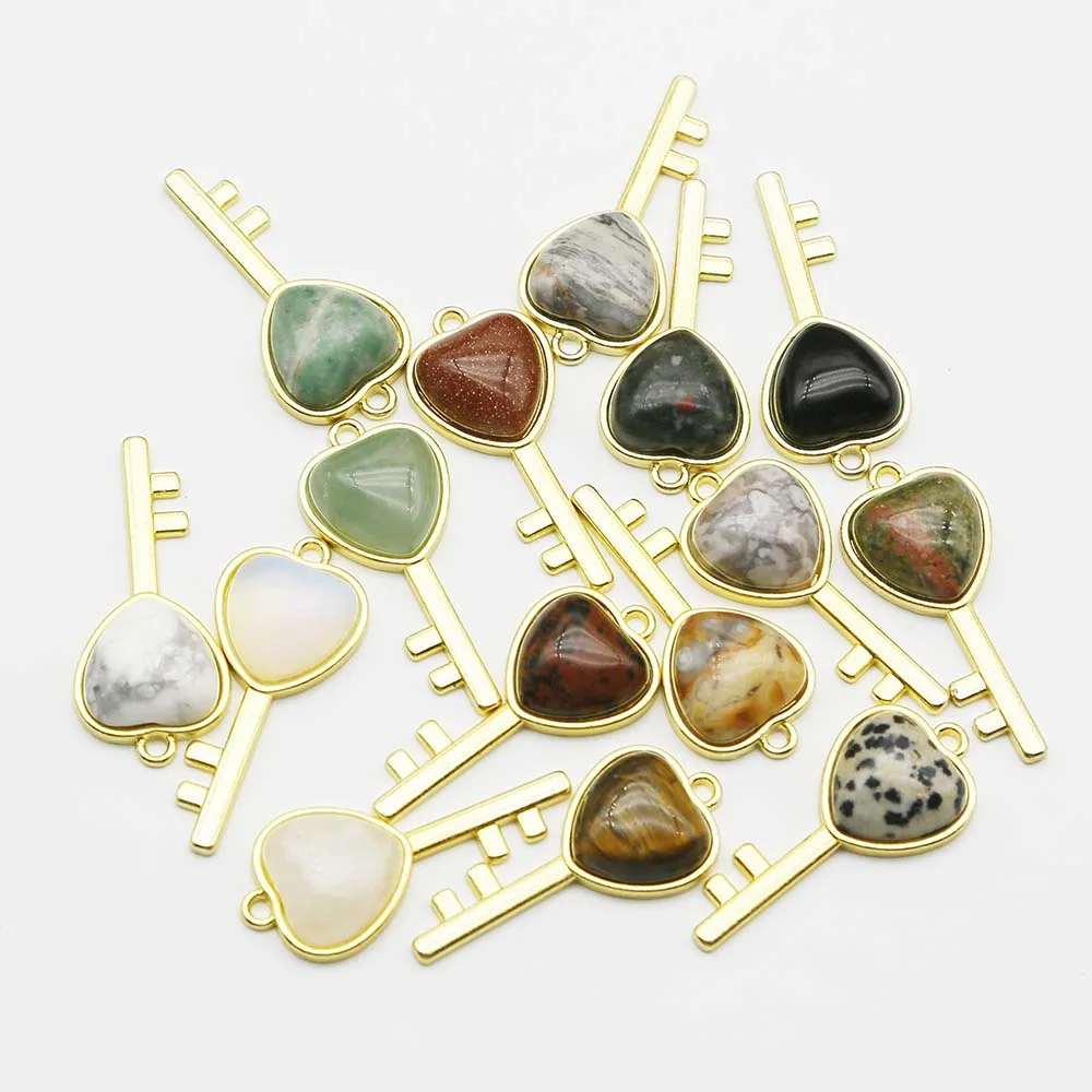 

Natural Stone Heart Golden Key Pendant Exquisite Crystal Agates Necklace DIY Accessories Jewelry Making Wholesale Optional 12Pcs