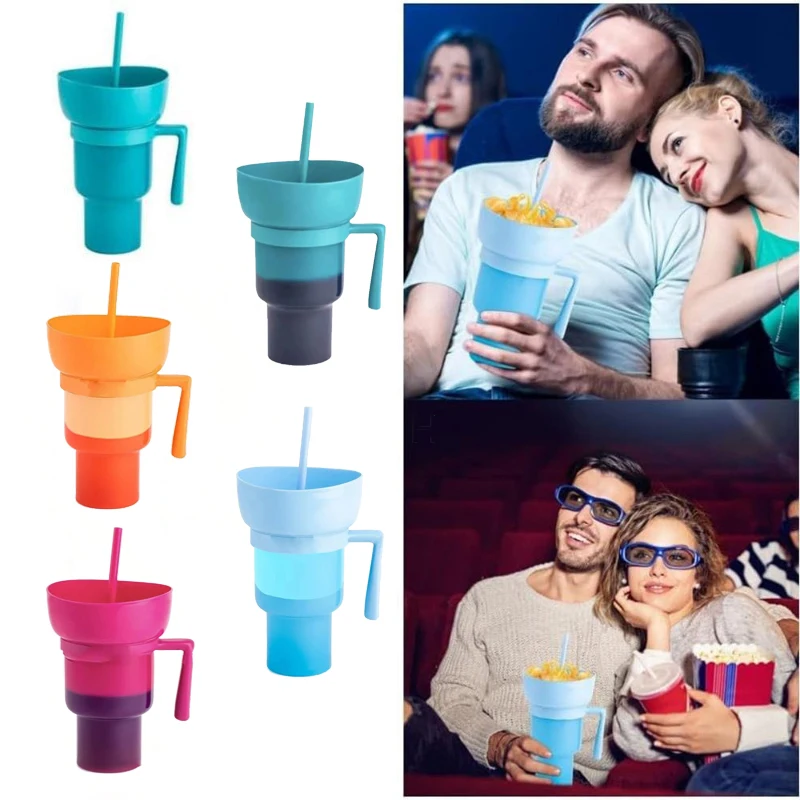 Creative Straw Cup 2 in 1 Snack Drink Cup Fried Chicken Popcorn Cola Storage Cups with Handle Snack Portable Water Bottles