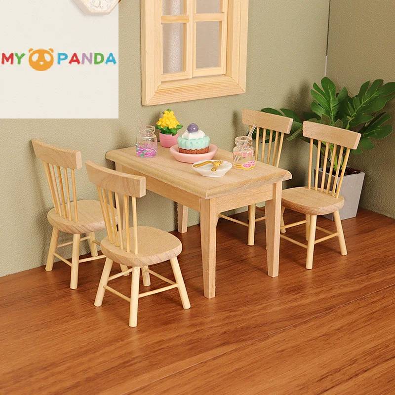

1Set Doll House Mini Table And 4pcs Chairs Dining Table Furniture Model DollHouse Home Kitchen Scene Decor Kids Pretend Play Toy