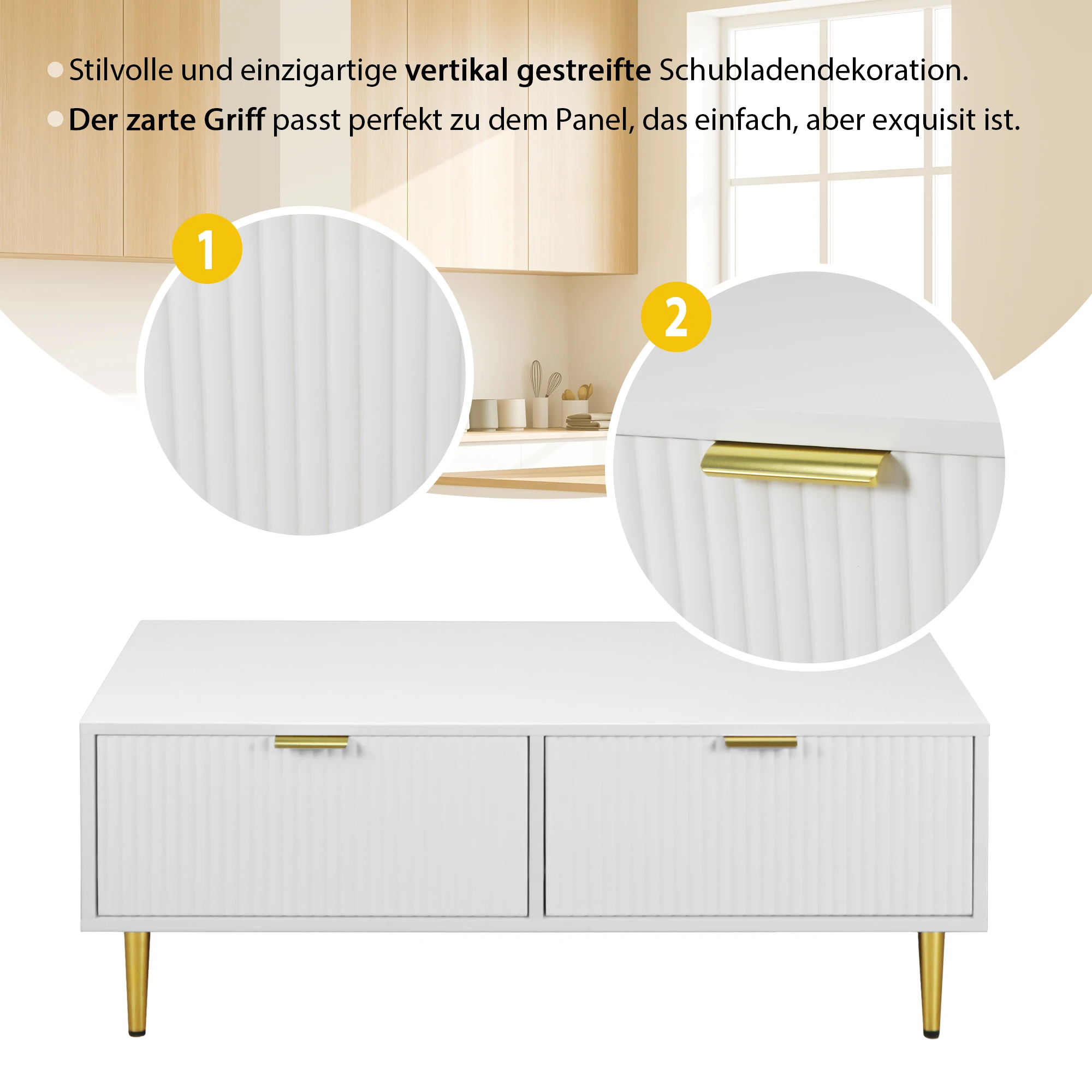 KOMHTOM Moderner Weißer Couchtisch mit Goldenen Akzenten 100x50x40cm, 2 Schubladen, Vertikales Streifendesign – Detail 5