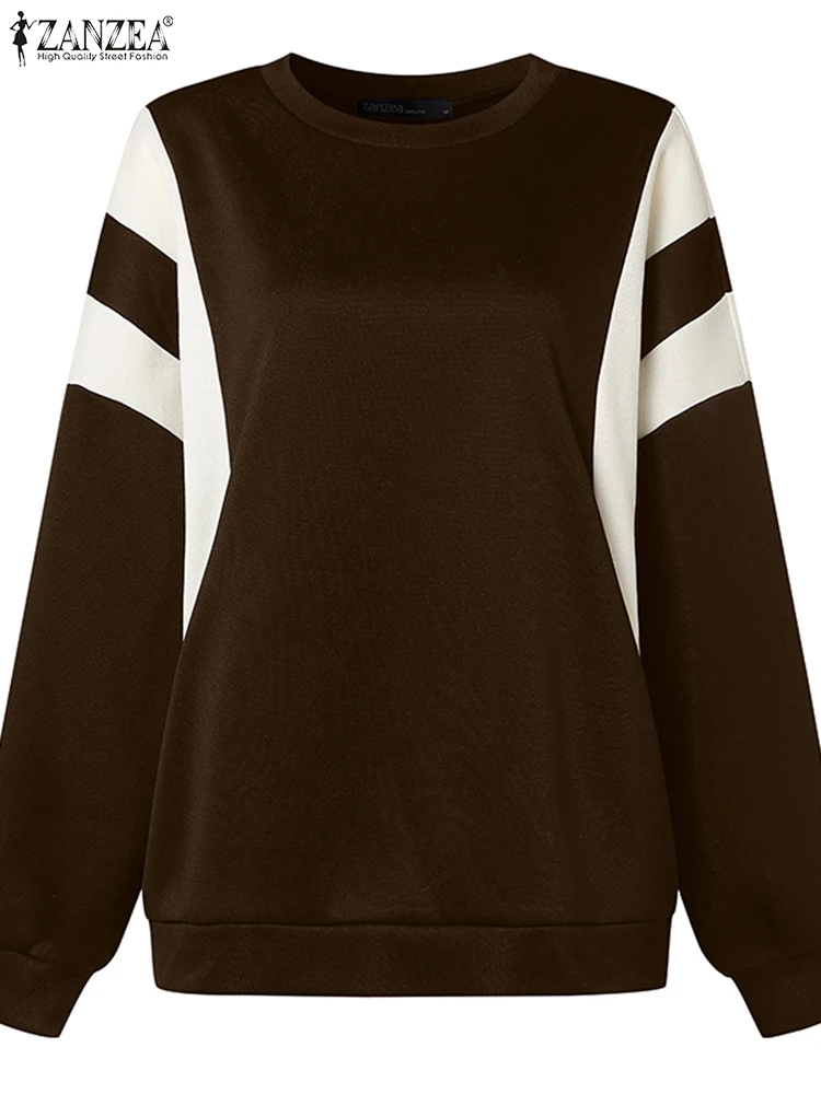 ZANZEA Holiday Oversized O-neck Hoodies Women Striped Sweatshirts Casual Loose Fit Long Sleeve Pullover Korean Colorblock Jumper 5