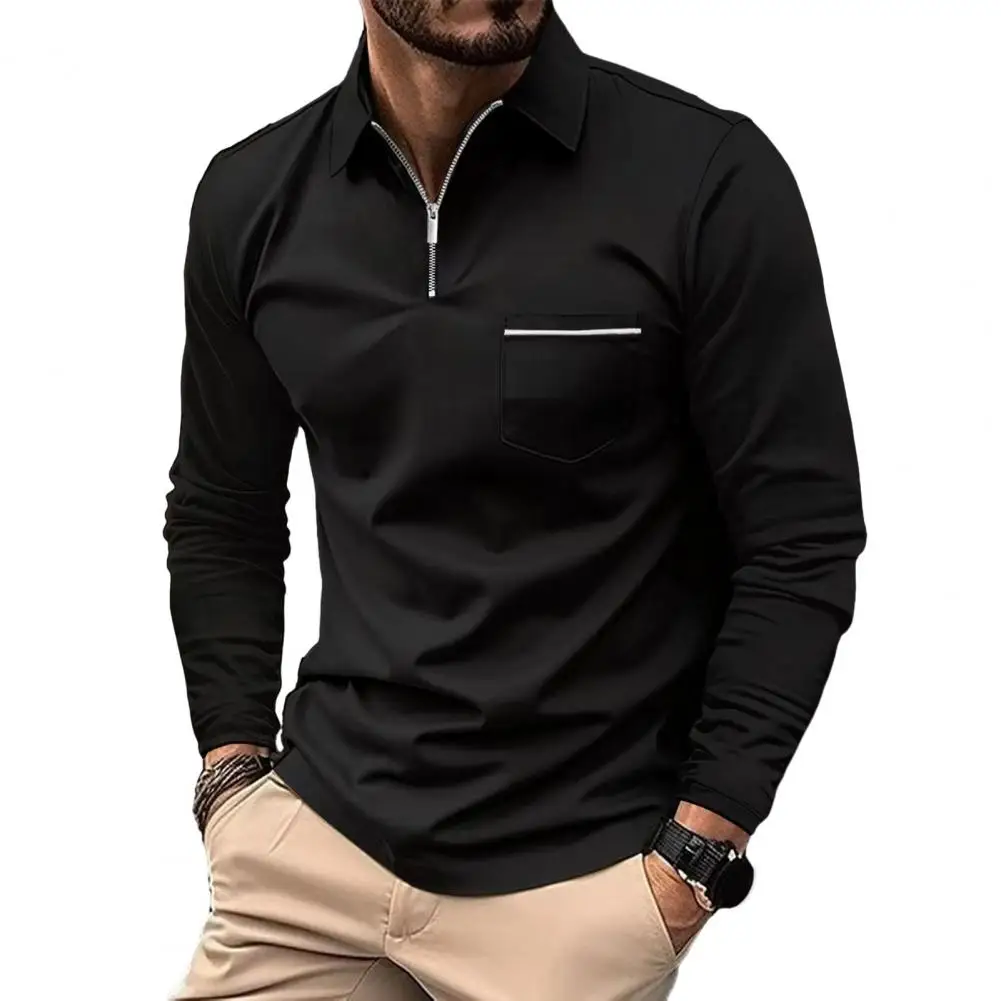 

Men Top Men's Slim Fit Long Sleeve Pullover with Lapel Zipper Patch Pocket Stylish Business Streetwear for Autumn/winter Solid