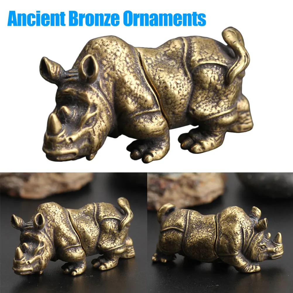 Mini Copper Rhino Sculpture Handmade Crafts Brass Rhinoceros Figurines  Vintage Animal Statue Home Office Table Decor Ornament