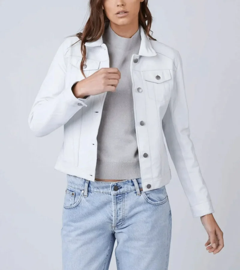 Women White Jacket Real Lambskin Genuine Leather Ladies Trucker Coat Genuine Leather Jacket Women