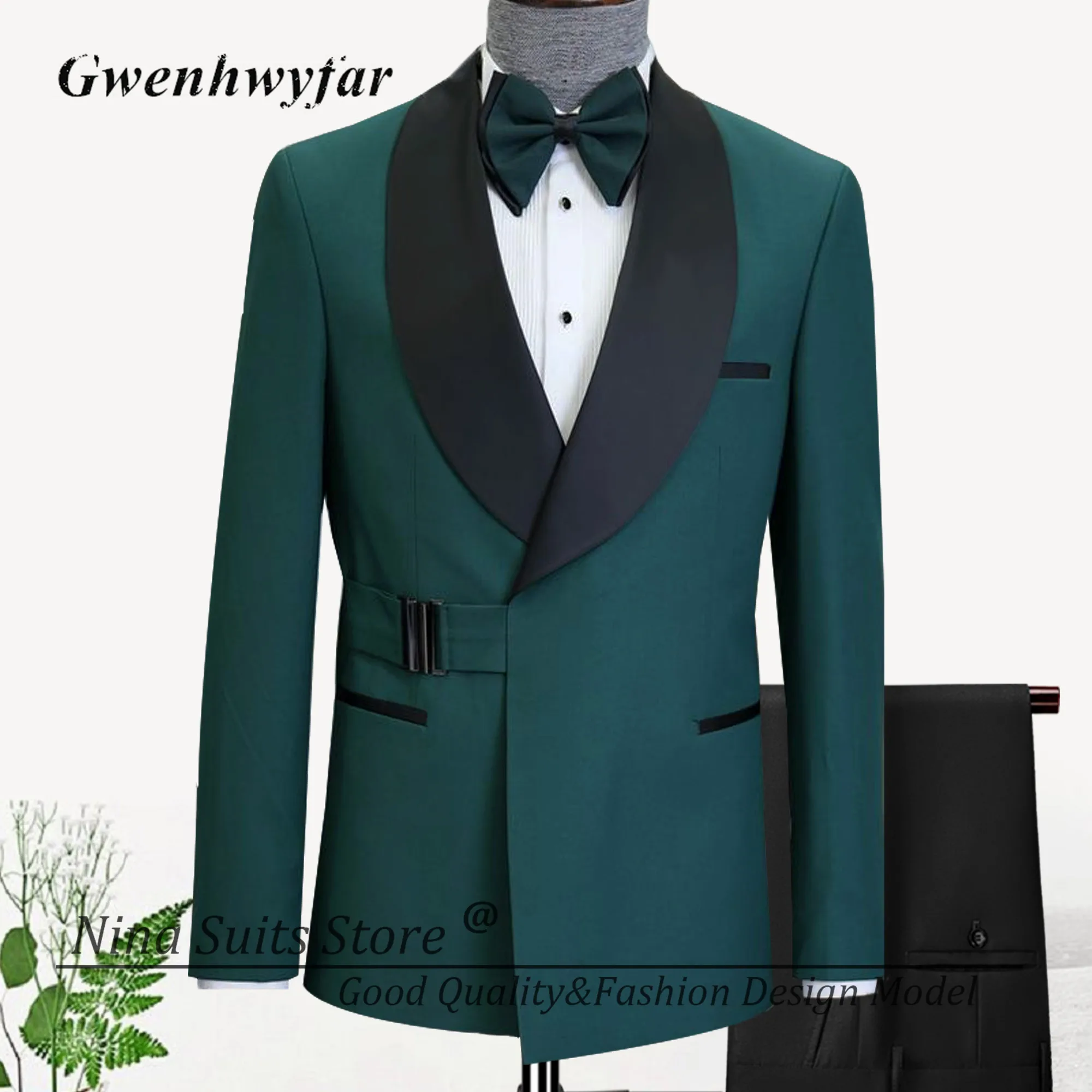 G&N Men Suit Grey Blazer with Black Buckle Fashion Designed Wedding Groom Tuxedos 2 Pieces Suit Shawl Lapel Jacket Pants set
