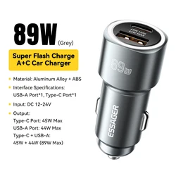 High-Power USB Car Charger 89W with QC4.0 Fast Charging Technology - 89W Gray