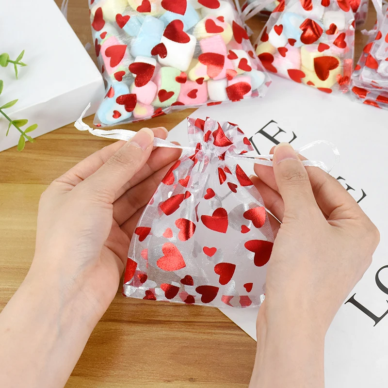 20pcs Red Love Heart Organza Bags Wedding Party Gift Candy Drawstring Bag Christmas Valentines Day Jewellery Pouches Display