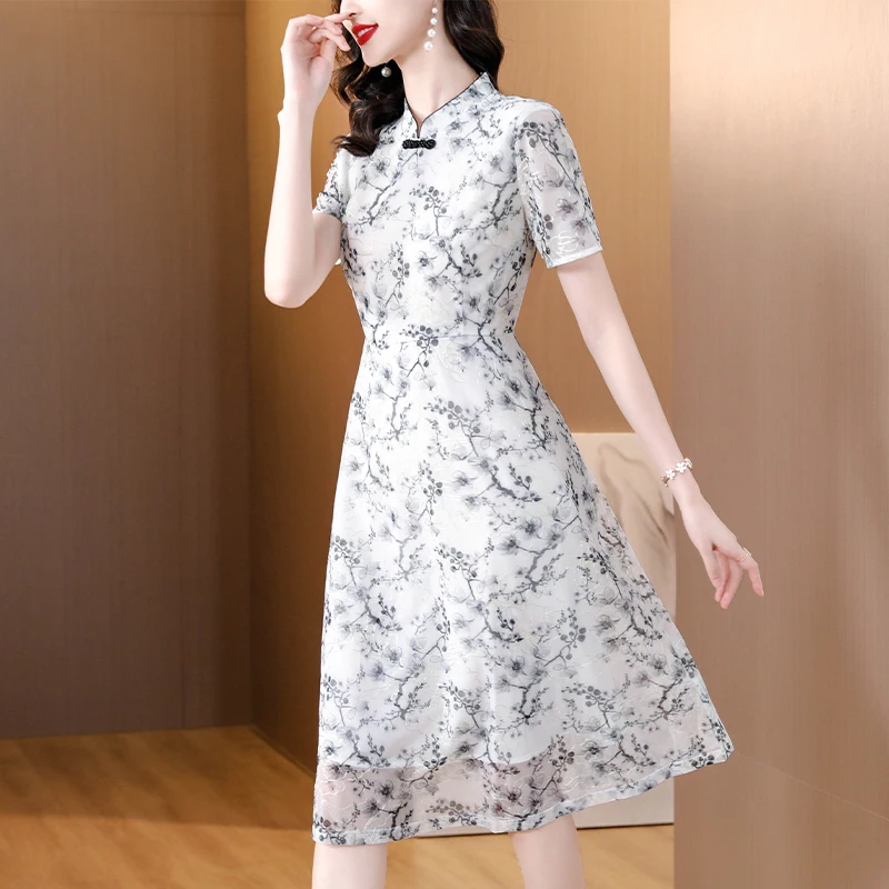 

Summer Fashion Silk Printed Dress for Women 2023 New Improved Cheongsam Loose Fit Leisure Banquet Dress Vestidos