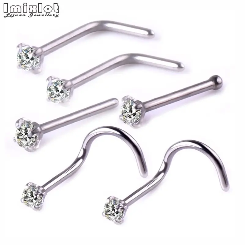 6pcs/lot Round CZ Crystal Nose Stud Set 20g 316L Stainless Steel Nose