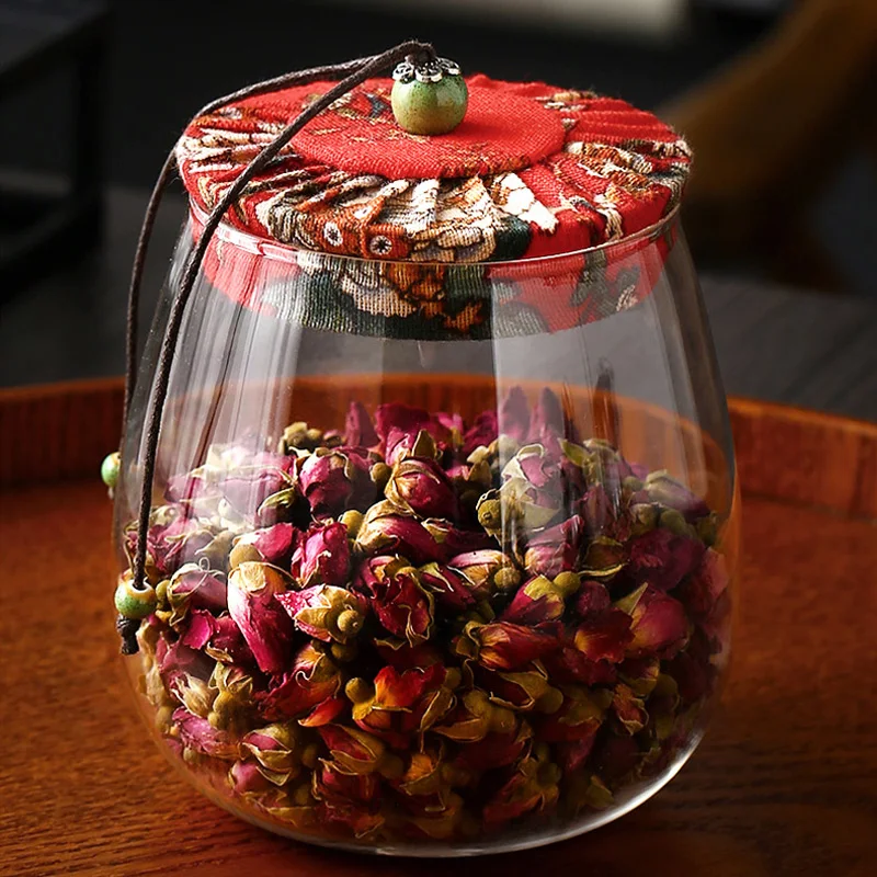 Tea Canister Ceramic Storage Jar Cloth Cover High Temperature Explosion-Proof Sealed Glass Storage Caddy Tea Coffee Airtight Canister Flower Fruit Grain Bottle