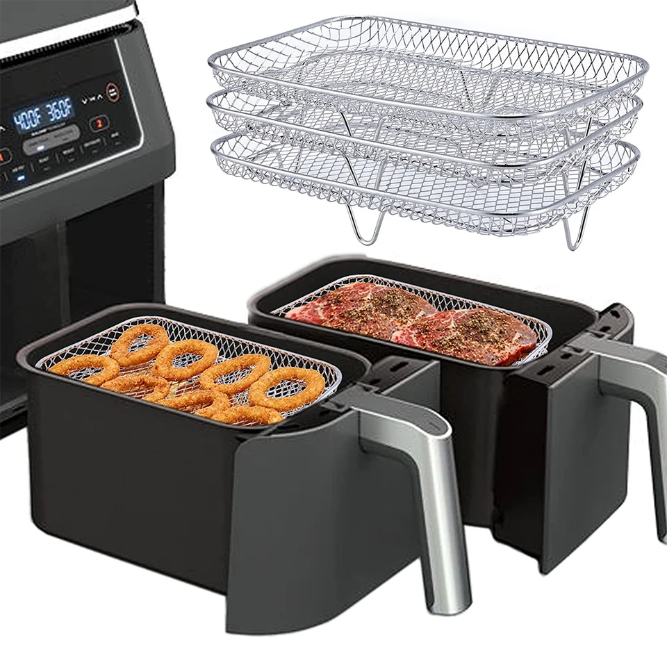 Tre friggrici ad aria impilabili Cestello in acciaio inossidabile Vassoio Rack Forni Rack Accessori per friggrice ad aria Gadget da cucina Strumenti di cottura  15