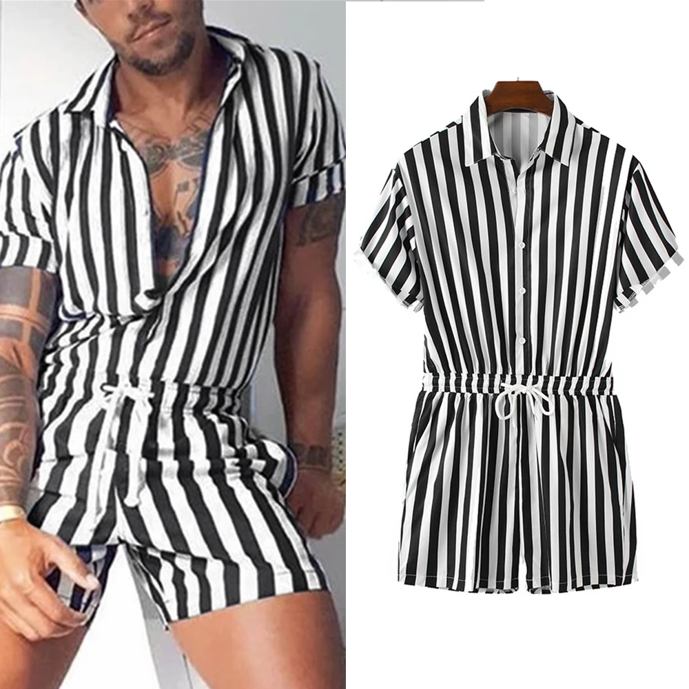 

Men Striped Romper Streetwear Fashion Casual Playsuit Short Sleeve Button Shorts Lapel Jumpsuit Drawstring Boxer Shorts Bodysuit