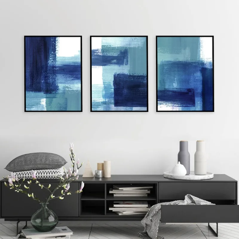 Teal e blu Navy pennellate pennellate opere d'arte astratte poster stampa su tela pittura moderna immagine di arte della parete per la decorazione del soggiorno - immagine 2