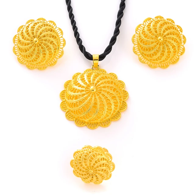 Fashion 24K Gold Plated Ethiopian Big Size Earrings/Pendant/Ring Jewelry Sets Gold Plate Africa Bride Wedding Eritrea Set Gift 6