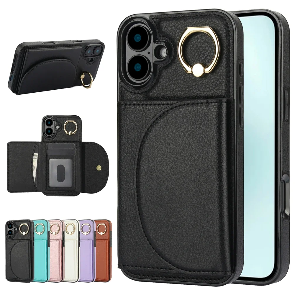 Brieftasche Ledertasche für iPhone 16 Pro Max 14 15 13 Fingerringhalter Telefonhülle Kartenfächer Vollständige Schutzhülle_voghion.com