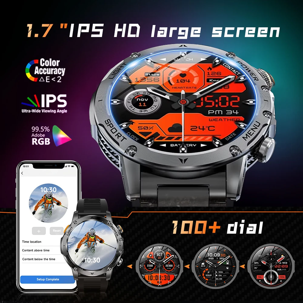 2026 New Men 1000mAh Battery Outdoor Smart Watch, 1.7'' HD Display, Bluetooth Call, IP68 Waterproof, Military Sports Bracelet, Heart Rate, Fitness Tracker, Watch for Android iOS 4