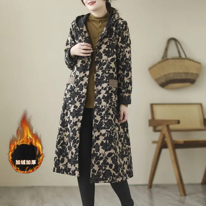 

Женская осенне-зимняя флисовая куртка, Длинная ветровка, новинка 2022, большие размеры, повседневное плюшевое пальто с капюшоном и принтом для мам, пальто, T1416