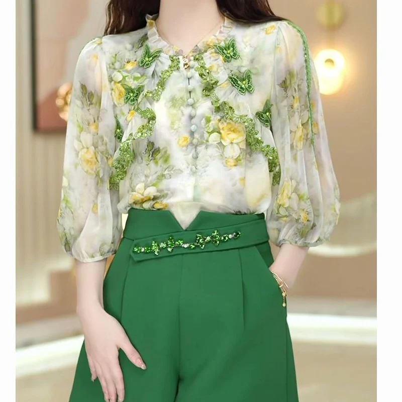 Summer New Fashion Suit Round Neck High Street Three-dimensional Flower Button Pullovers and Solid Color Pockets All-match Short 120pcs lot three color flower kraft paper handmade for you print seal sticker for handmade products packaging label for baking