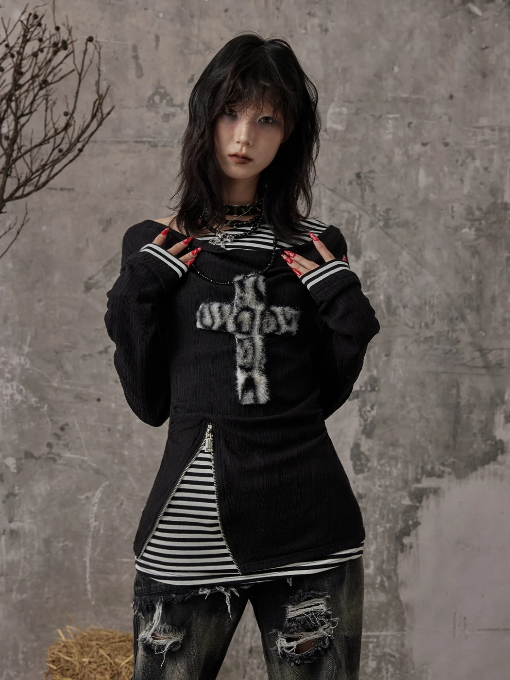 Karrcat Grunge Aesthetics Fake Zweiteilige Tops Trashy Y2k Langarm Strickoberteile Wasteland Punk Patchwork Tops Gothic Vintage – Detail 17