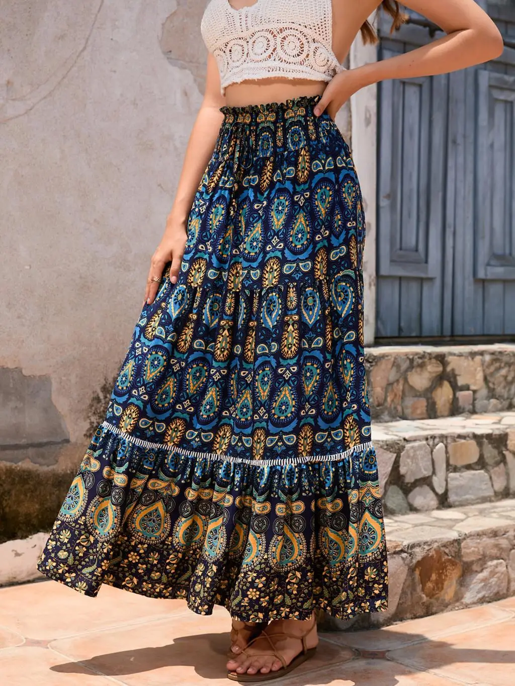 Spring Summer Long Skirts For Women Elegant Casual Retro Print High Waist Skirt Fashion Temperament Female Clothing Streetwear
