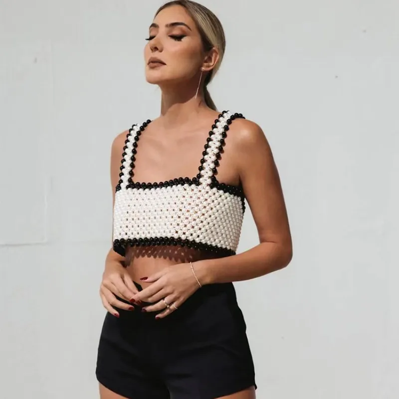 Cross-border Foreign Trade New Women's Hand-woven Pearl Suspender Top Women's Strap Vest sexy Girl Bra Chain Wholesale european and american cross border women s clothing 2022 new summer gauze perspective sexy backless suspenders jumpsuit women17