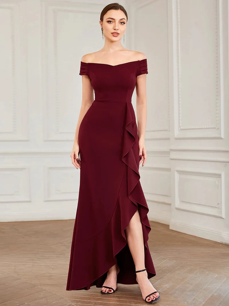 

Elegant Evening Dresses Short Sleeve Boat Neck Off the Shoulder Mermaid Floor-Length 2023 Ever Pretty of Simple Prom Women Dress