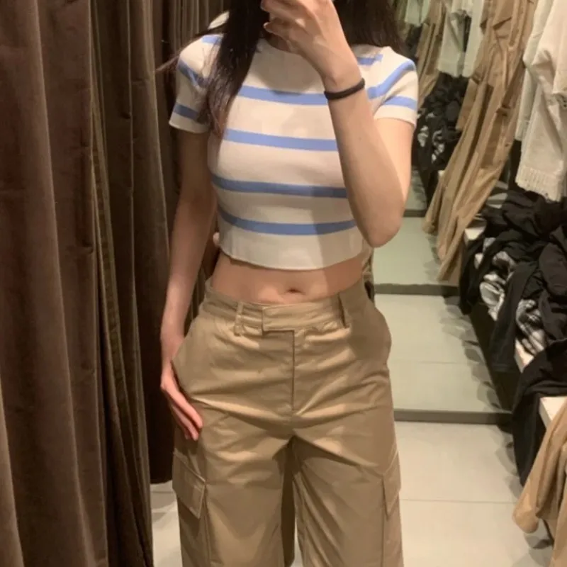 

2023 spring and summer new basic round neck short version skinny striped short-sleeved knitted top women