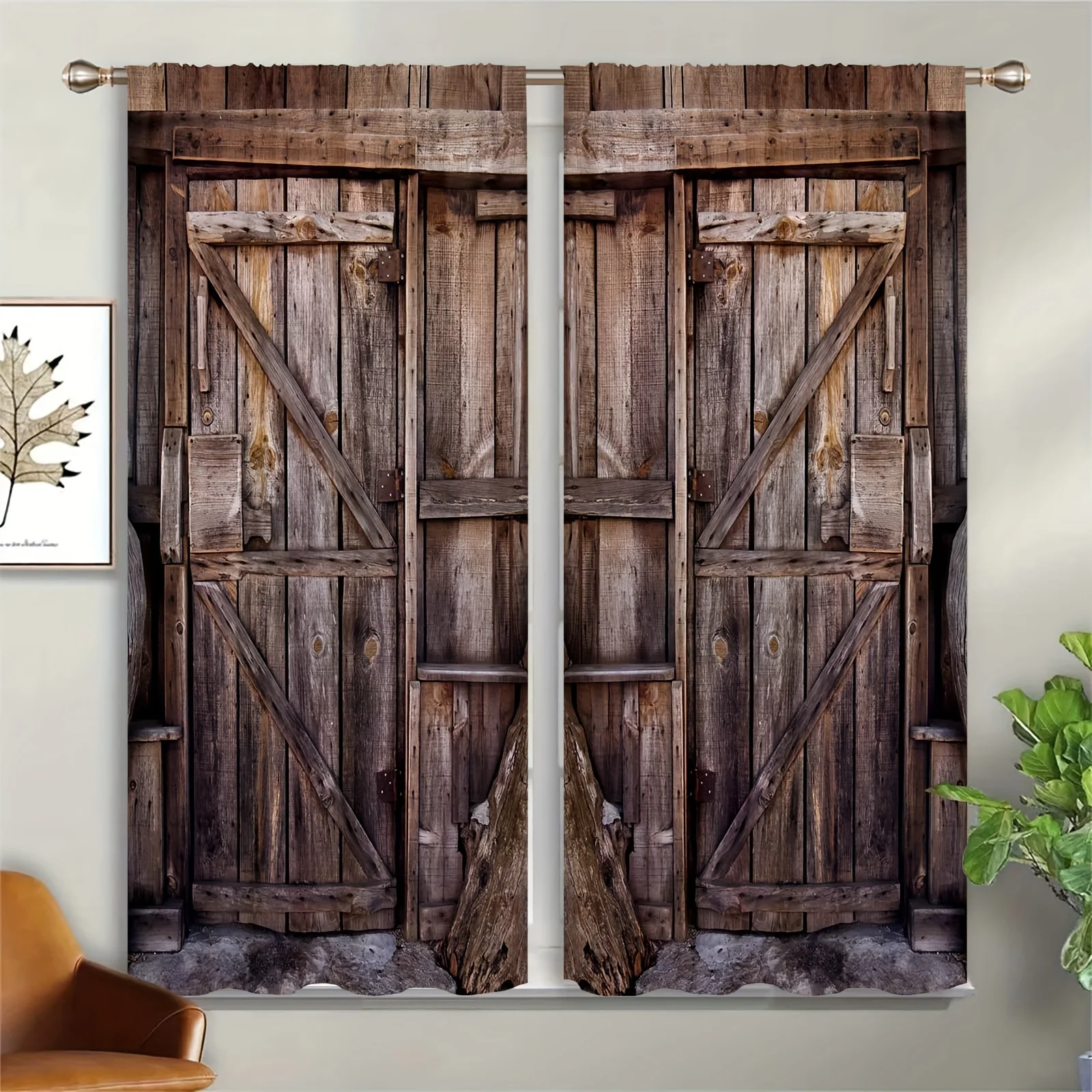 

2pcs Set Of Semi Blackout Curtains, Fabric Windows, Privacy Decoration Curtains, Anti-aging Barn Wooden Doors, Filter Curtains S