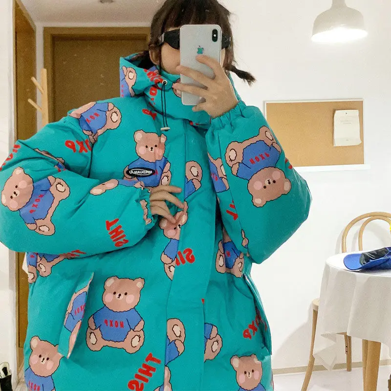 2023 new Cute Bear Print Cotton-padded Coats Warm Thicken Loose ParkasFashion Casual All-match Streetwear Winter Jackets