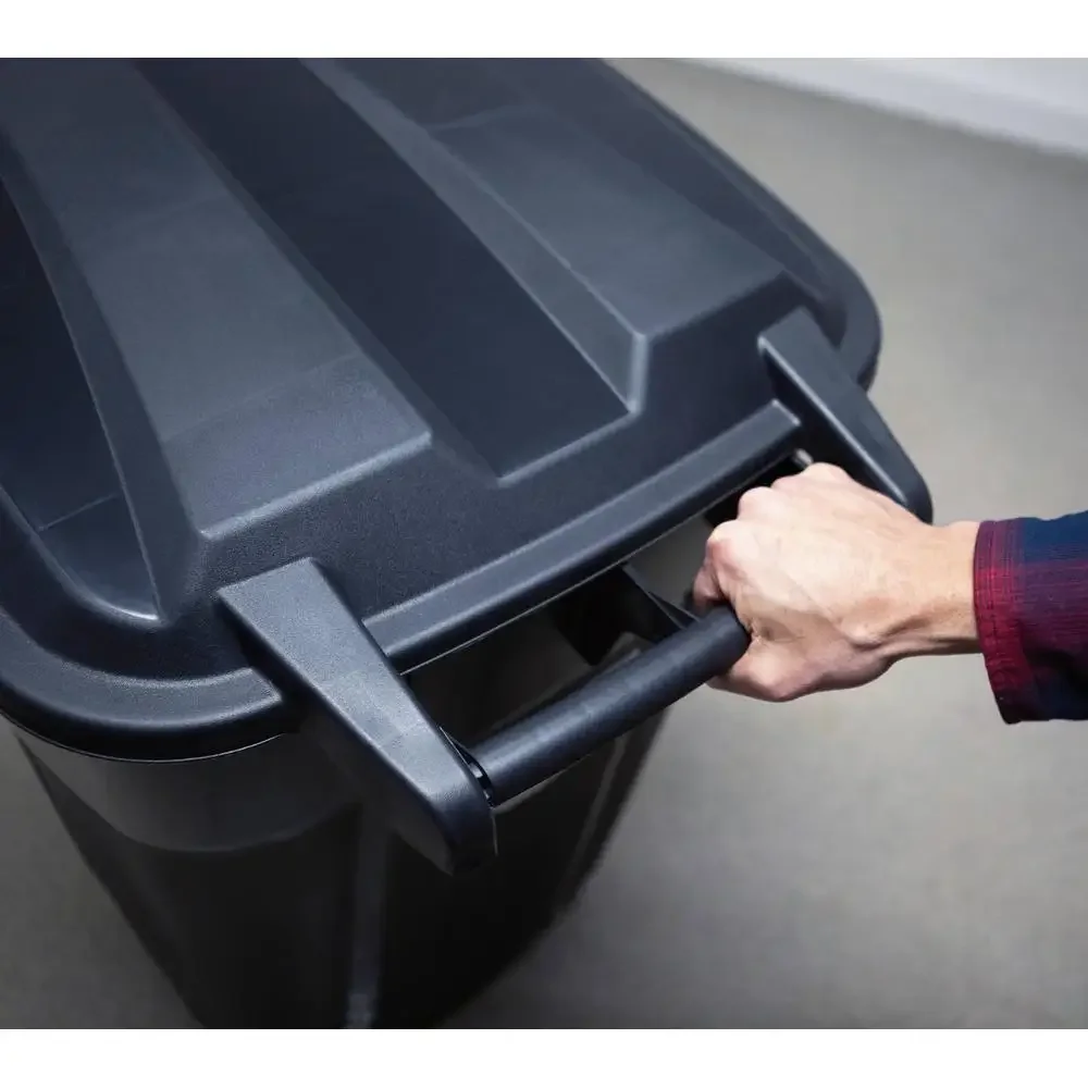 32 Gallon Heavy Duty Wheeled Plastic Garbage Can Attached Lid Black Transport Waste Indoor Outdoor Household Commercial Smooth 4