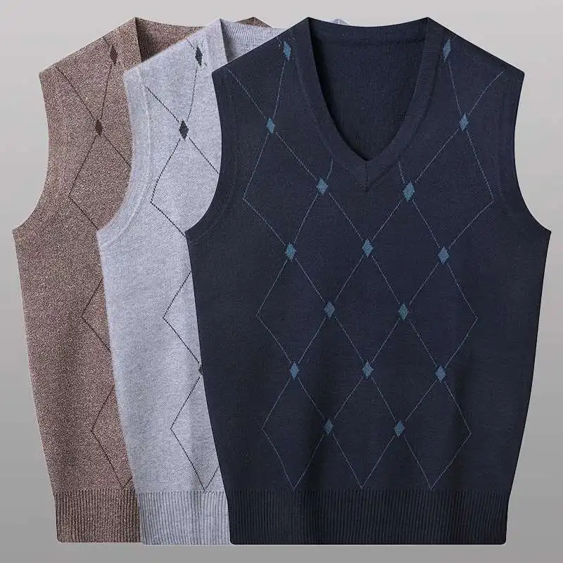 Classic Style Men's Knitting Cashmere Wool Blend Vest V Collar Loose Style Contrast Color High-quality Soft Keep Warm Vest G42